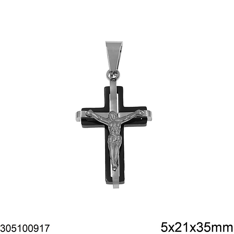 Μενταγιόν Ατσάλινο Διπλός Σταυρός με Ιησού 5x21x35mm 