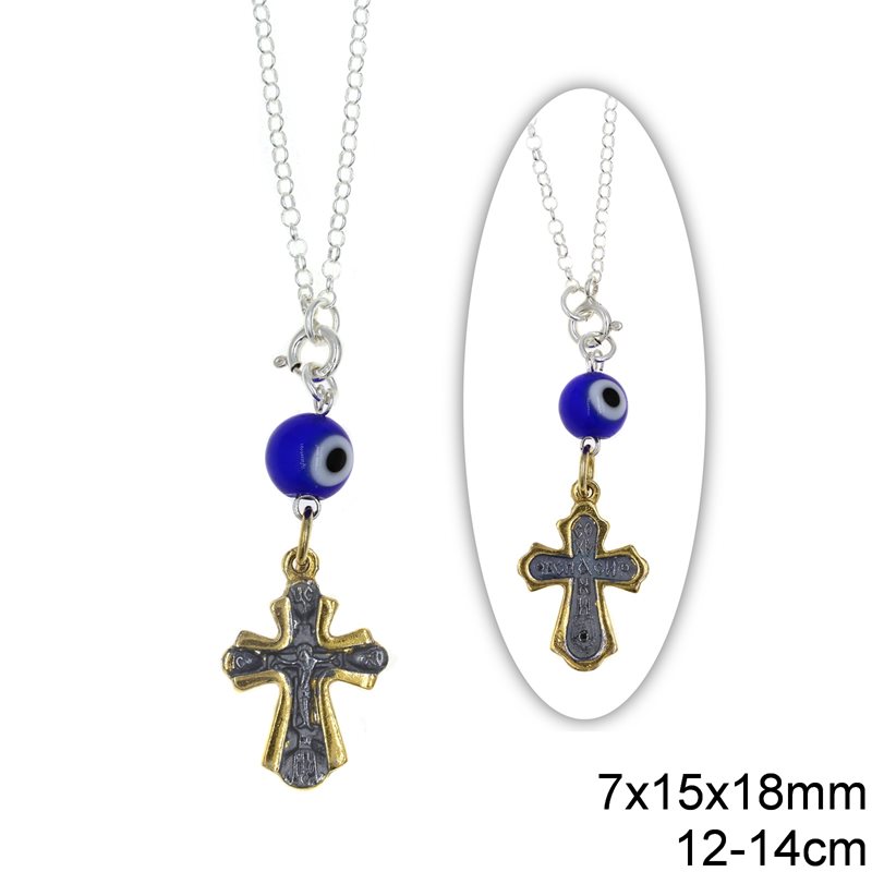 Silver925  Car Amulet Double Sided Cross with Evil Eye 7x15x18mm,12-14cm