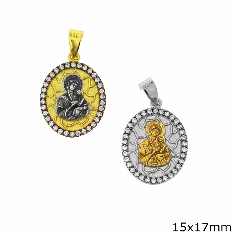 Silver  925 Oval Pendant Holy Mary with zircon 15x17mm
