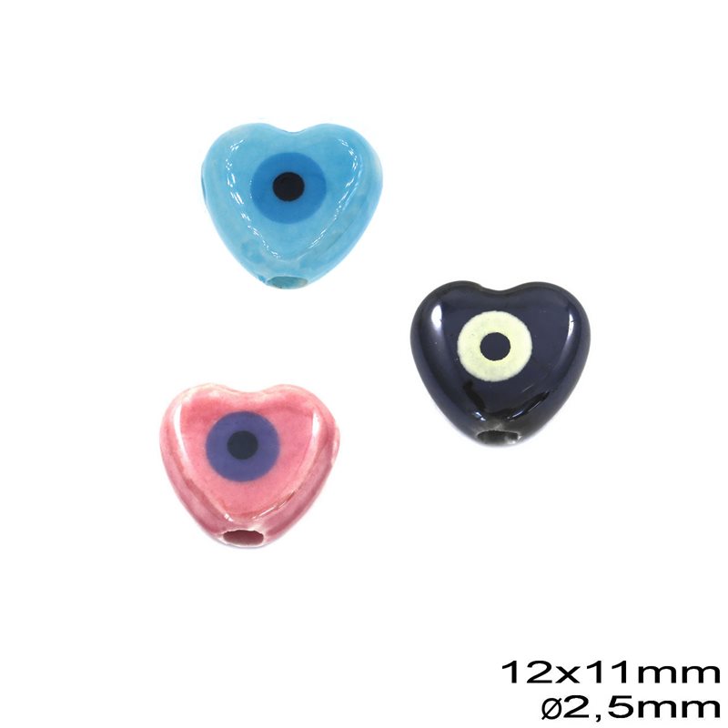 Ceramic Heart Bead with Evil Eye  12x11mm with 2.5mm Hole