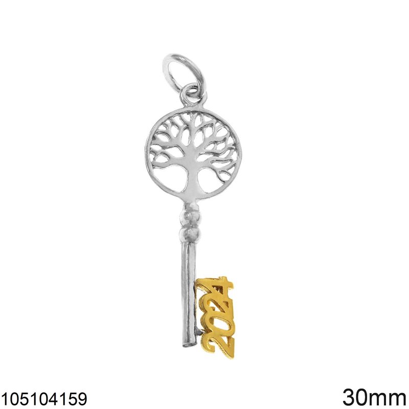 Γούρι Ασημένιο 925  Μενταγιόν Κλειδί Δέντρο Ζωής "2024" 30mm