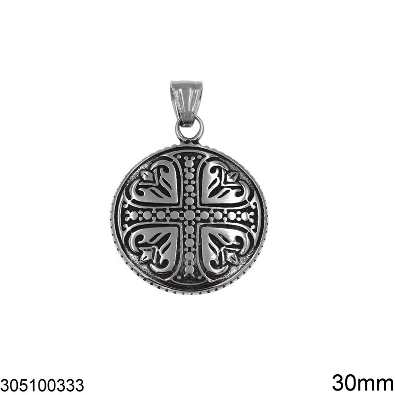 Stainless Steel Round Pendant with Cross 30mm, Oxyde 