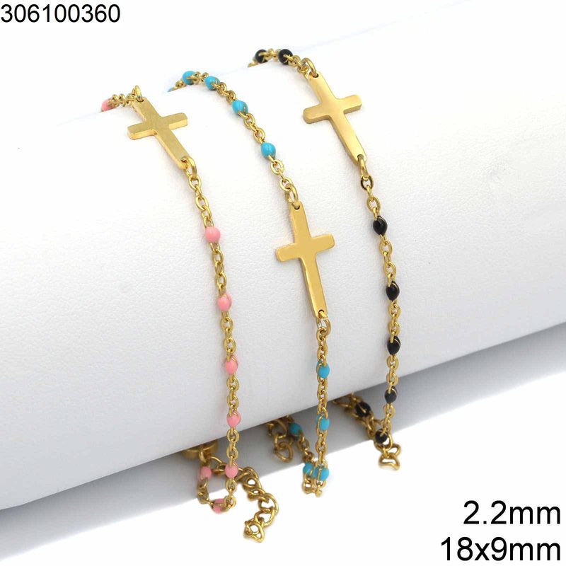 Stainless Steel Enameled Link Chain Bracelet 2.2mm with Cross 18x9mm