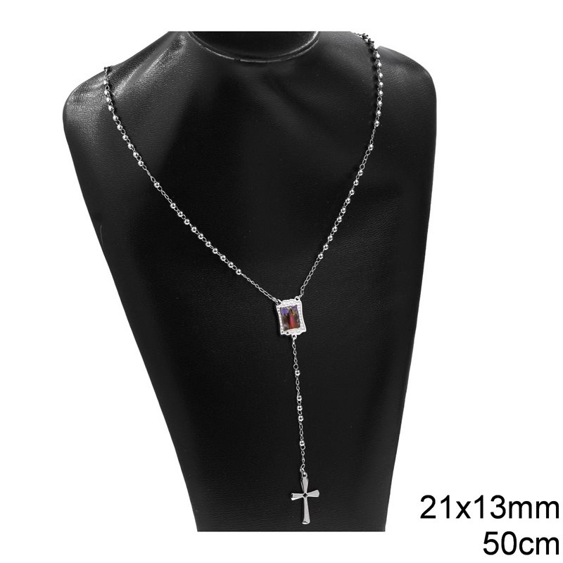 Stainless Steel Necklace Rosary with Spacer Holy Mary 12x18mm, Ball Chain 3mm and Cross 21x13mm, 50cm