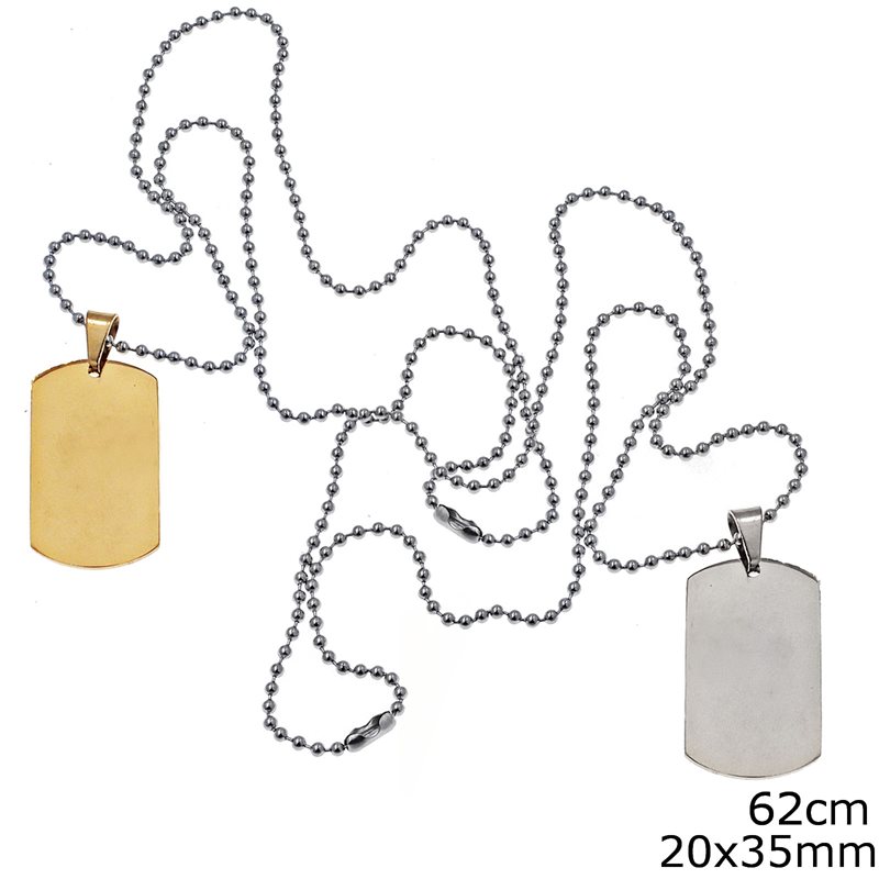 Stainless Steel Necklace with Tag 20x35mm  and Ball Chain 2.3mm, 62cm