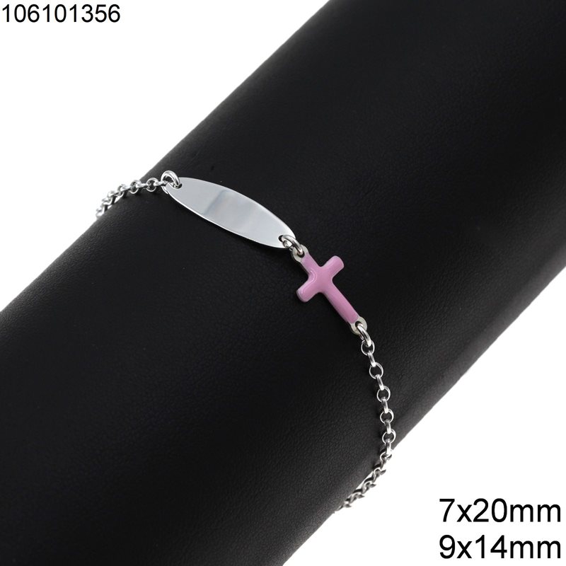 Silver 925 Childrens Bracelet Tag 7x20mm with Enameled Cross 9x14mm