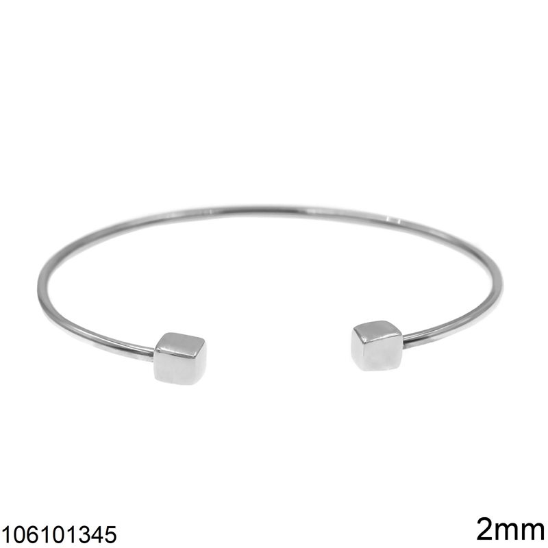 Silver 925 Cuff Bracelet with Wire 2mm and Cubes 6mm Open