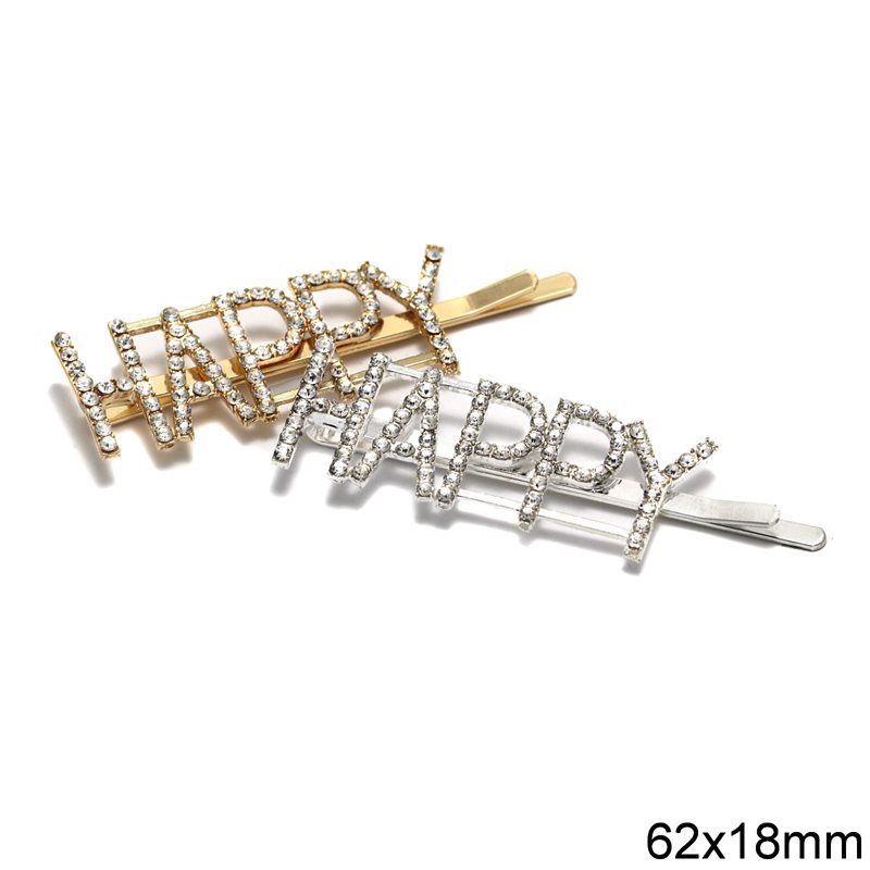 Iron Hair Pin with Rhinestones 'HAPPY' 62x18mm
