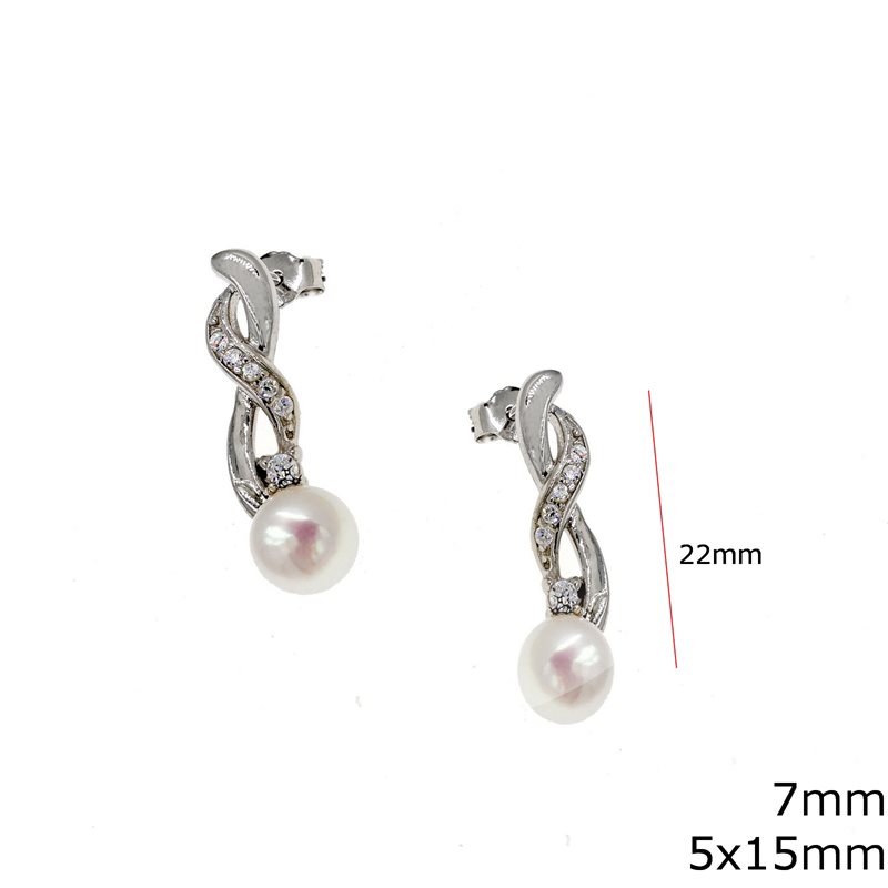 Silver 925 Earrings 22mm  Infinity Symbol 5x15mm and Freshwater Pearl 7mm with Zircon 