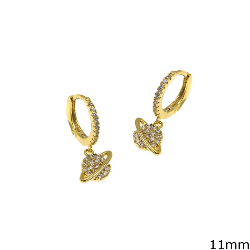 Brass Hoop Earrings 11mm with Planet and Zircon 