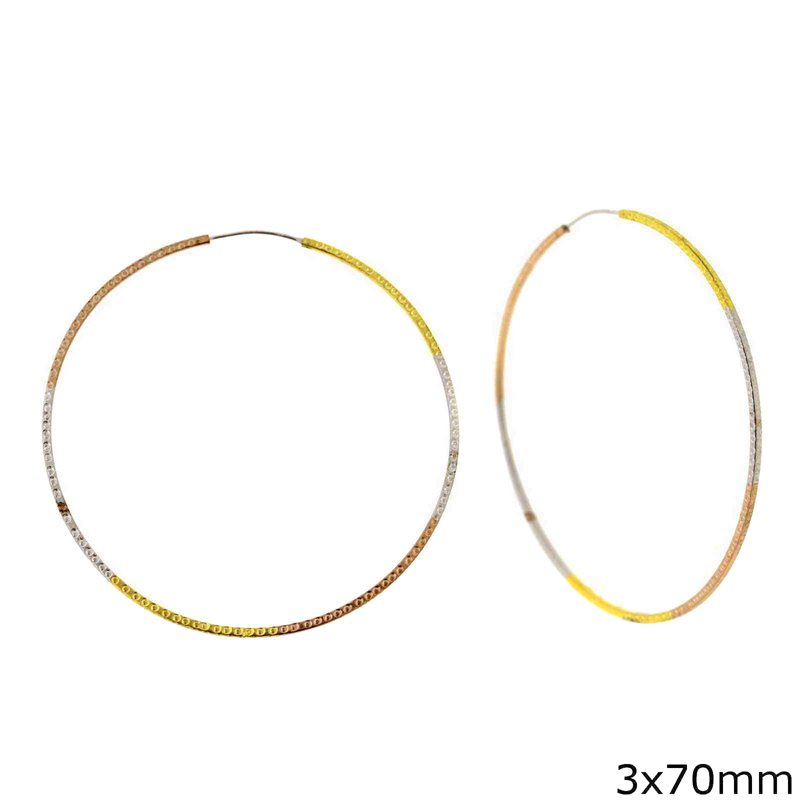 Silver 925 Hoop Earrings Three Tone Color 3x70mm