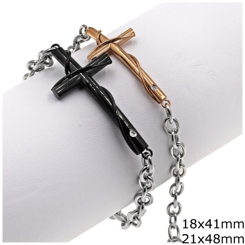 Stainless Steel Oval Chain Bracelet and Cross