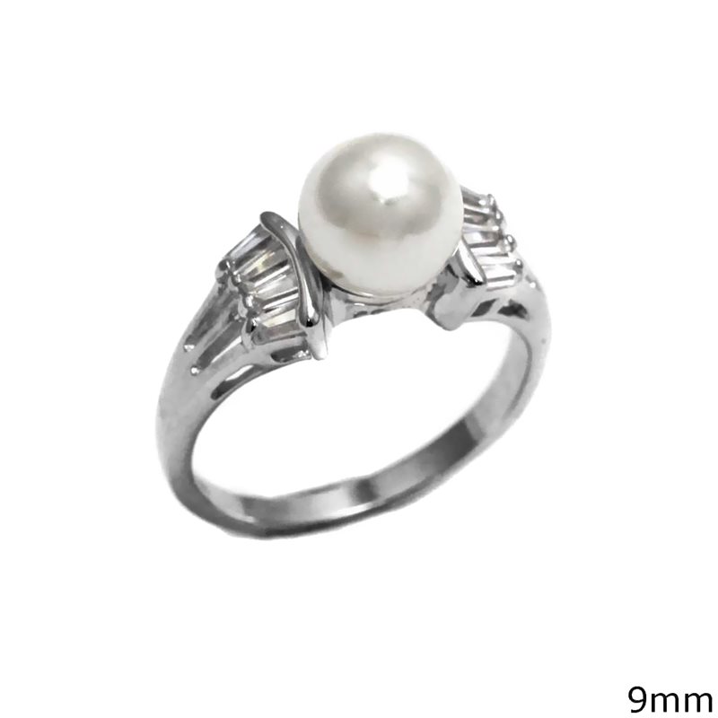 Silver 925 Ring with Baguette and Pearl 9mm