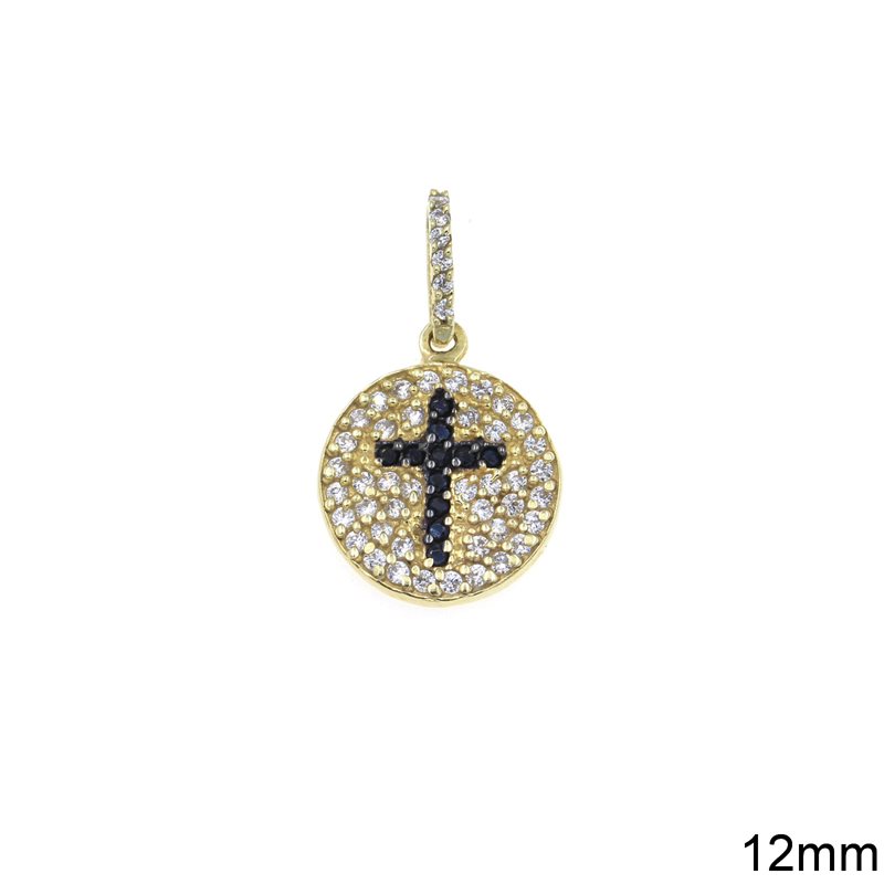 Gold Round Pendant Cross with Zircons 12mm K14 1.67gr