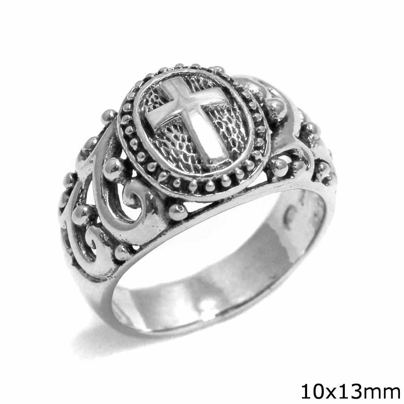 Silver 925 Male Ring Embossed Cross 10x13mm