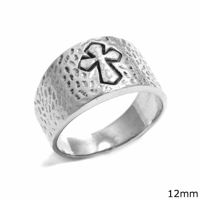Silver  925 Male Ring Hammered with Cross 12mm