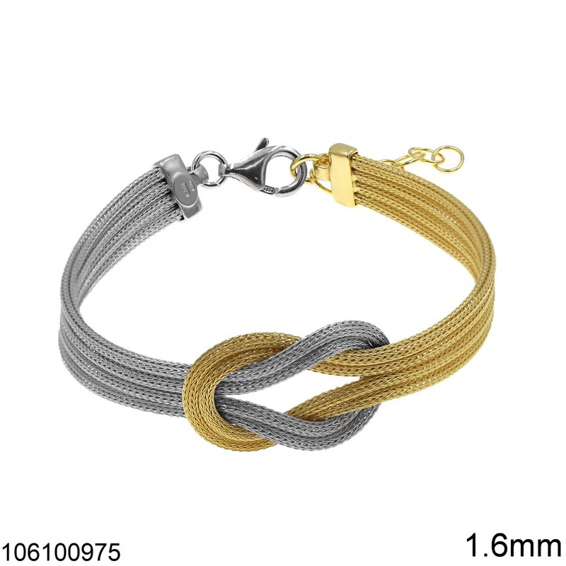 Silver 925 Bracelet Round Mesh Quadruple Chain with Knot 1.6mm, Two Tone