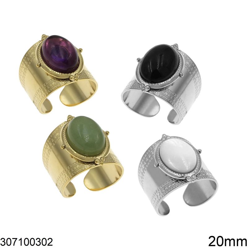 Stainless Steel Ring 20mm with Oval Semi Precious Stone 10x14mm