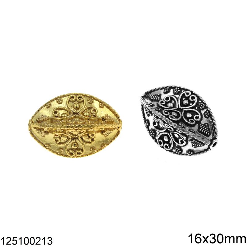 Silver 925 Oval Bead Embossed Design 16x30mm
