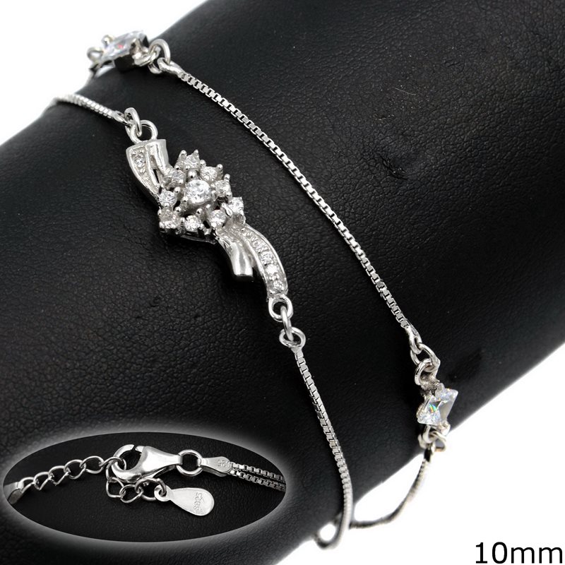 Silver 925 Double Bracelet Heart with Zircon 10mm Rhodium plated