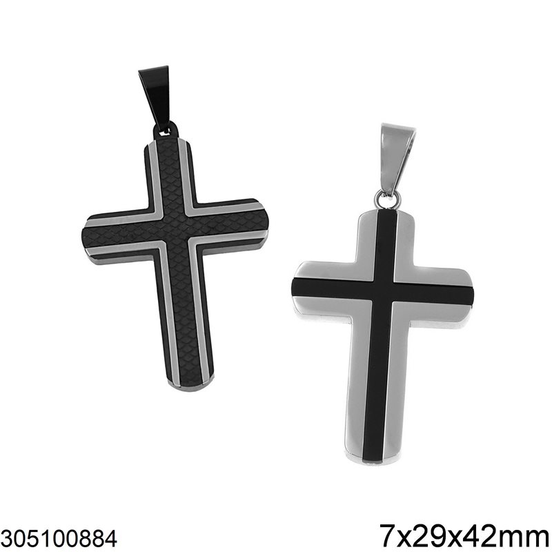 Stainless Steel Pendant Cross Striped 7x29x42mm