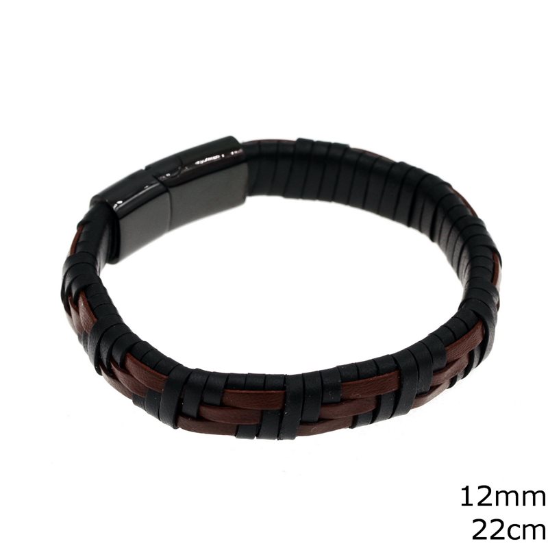 Stainless Steel Bracelet with Braided Leather 12mm, 22cm