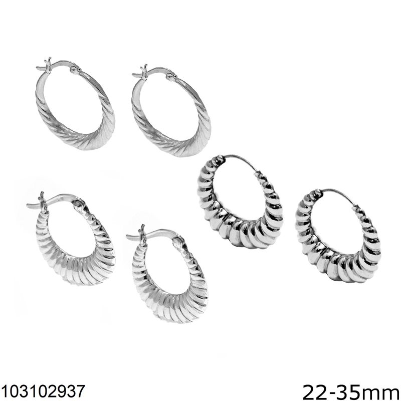 Silver 925 Striped Hoop Earrings 22-35mm