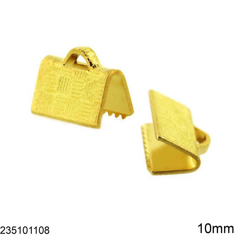 Brass Textured Rectanglular Crimp End for Ribbon 10mm