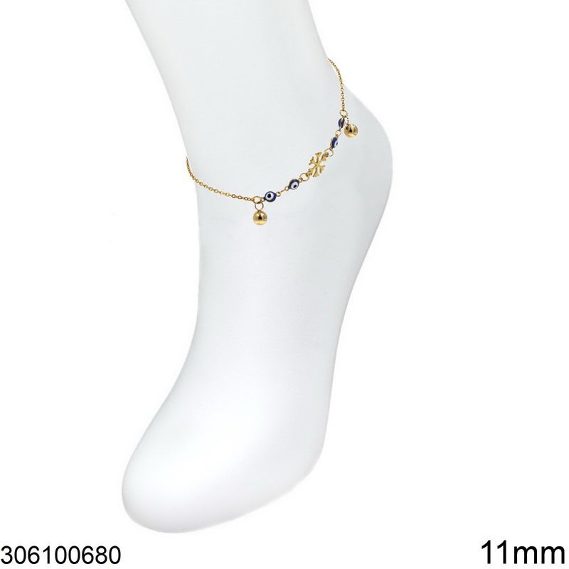 Stainless Steel Ankle with Evil Eyes and Snowflake 11mm