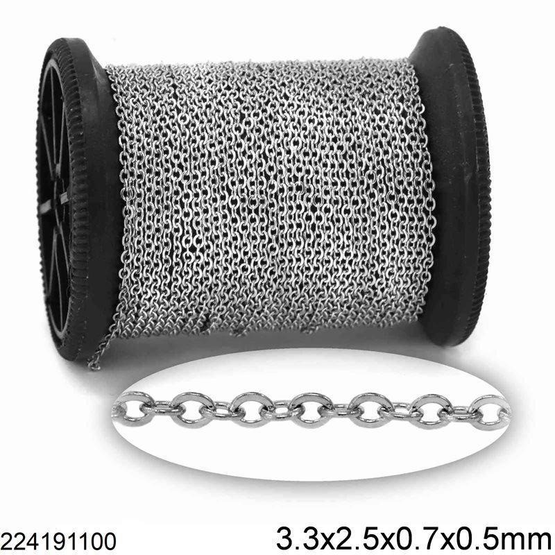 Stainless Steel Oval Link Chain Flat Wire Soldered 3.3x2.5x0.7x0.5mm