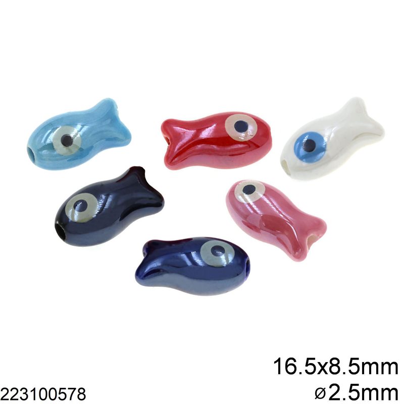 Ceramic Fish Bead with Evil Eye 16.5x8.5mm with 2.5mm Hole