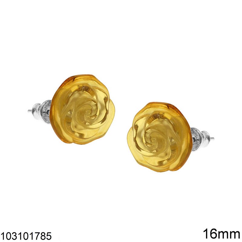 Σκουλαρίκια Ασημένια 925 Καρφάκι Τριαντάφυλλο Κεχριμπάρι 16mm