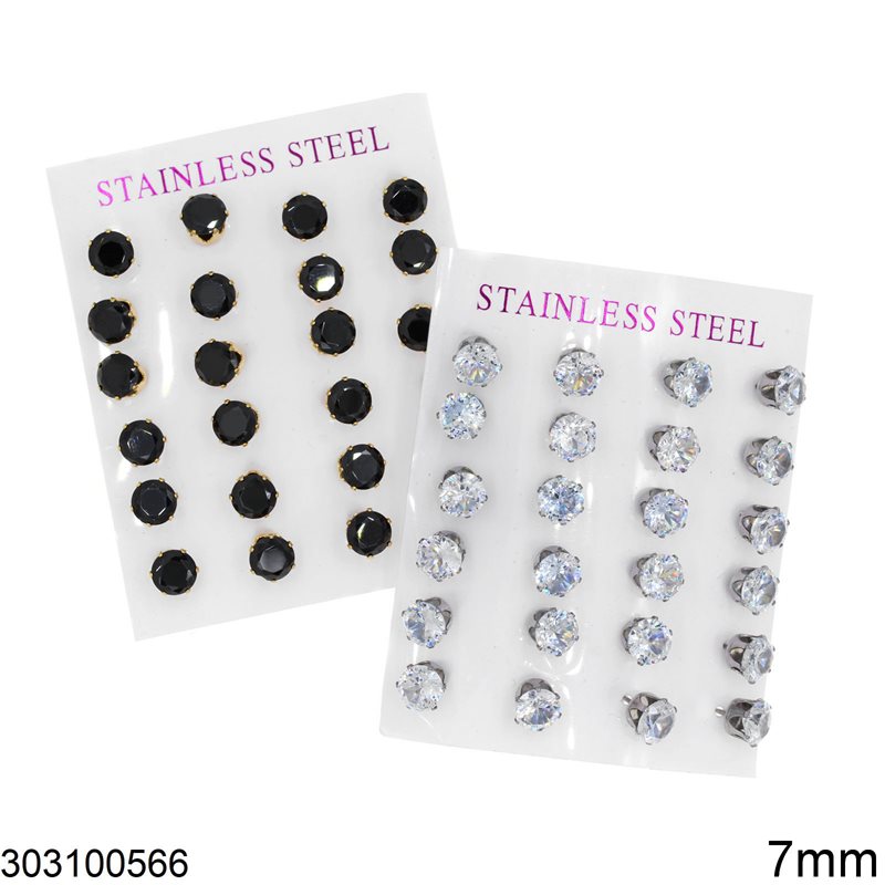 Stainless Steel Earrings with Round Stone 7mm