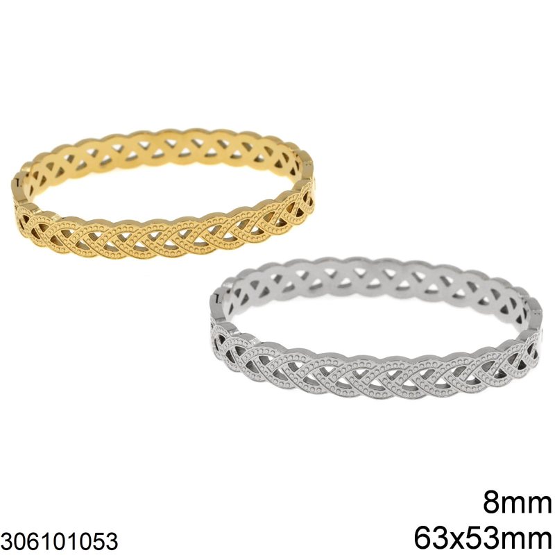 Stainless Steel 3-tone Cuff Braided Bracelet 8mm, 63x53mm