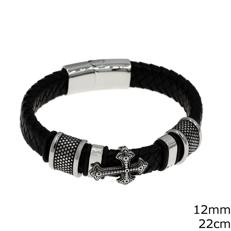 Stainless Steel Bracelet with Cross, Hoops and Braided Leather 12mm, 22cm
