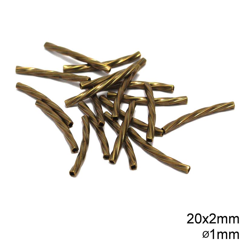 Brass Twisted Curved Tube Bead 20x2mm with 1mm hole