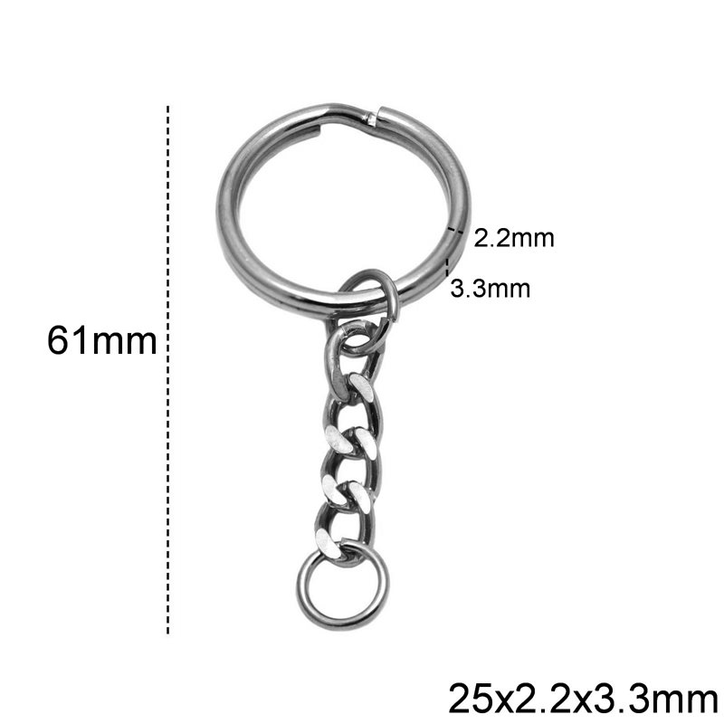 Iron Keychain with Split Ring Rounded Wire 25x2.2x3.3mm and Diamond Cut Gourmette Chain