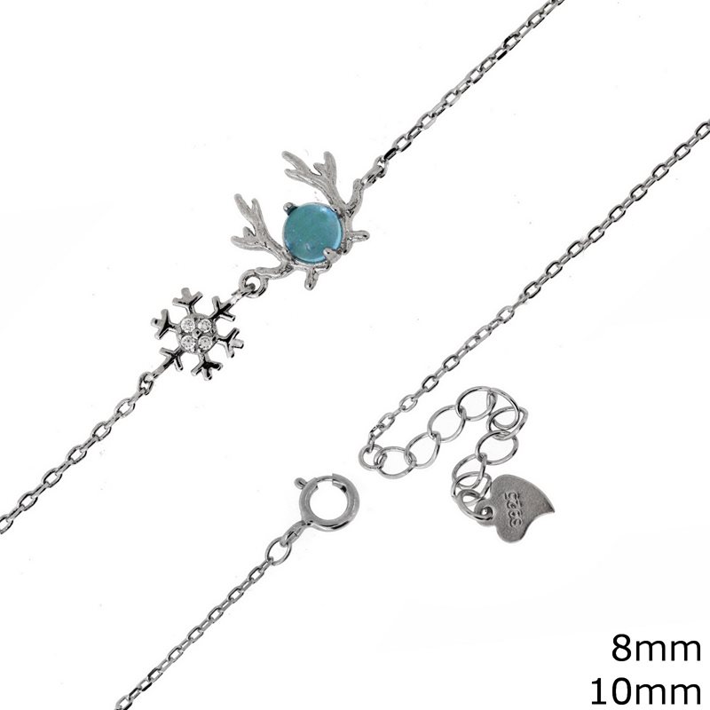 Silver 925 Bracelet Reindeer 10mm & Snowflake 8mm 