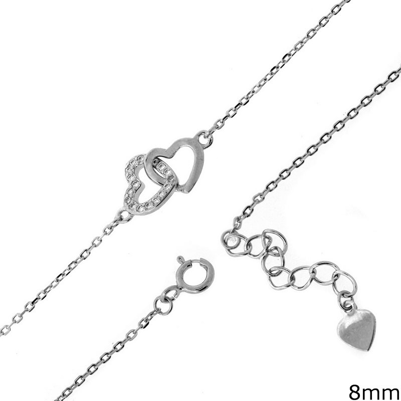 Silver 925 Bracelet Double Heart with zircon 8mm