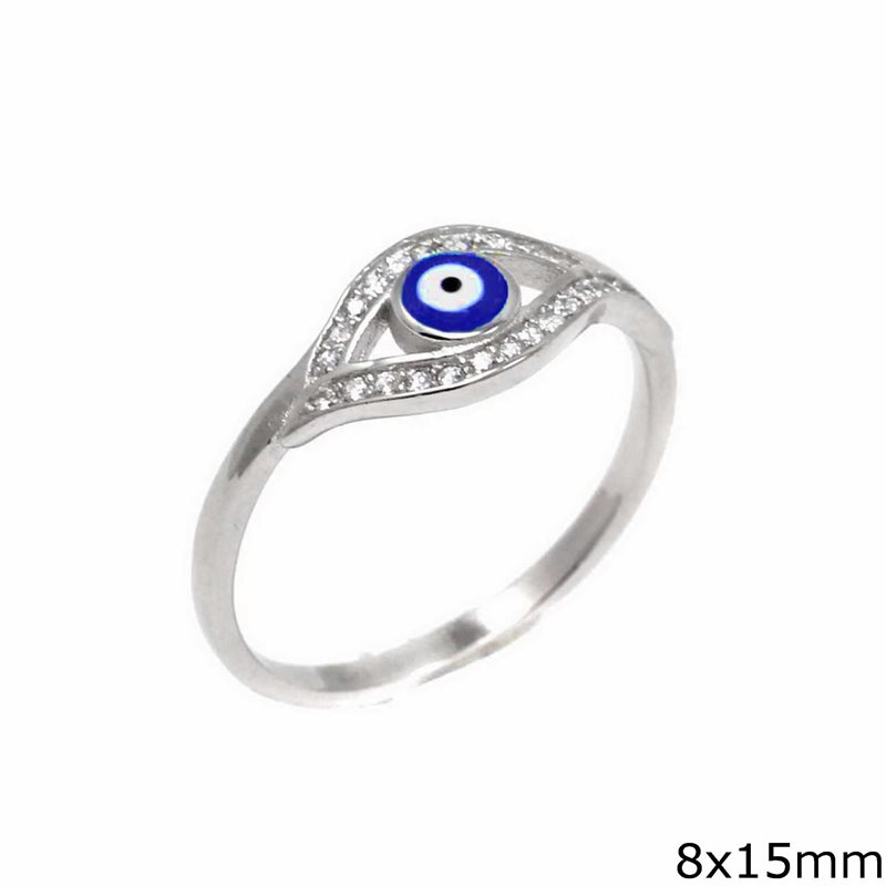 Silver 925 Ring Evil Eye with Enamel and Zircon 8x15mm