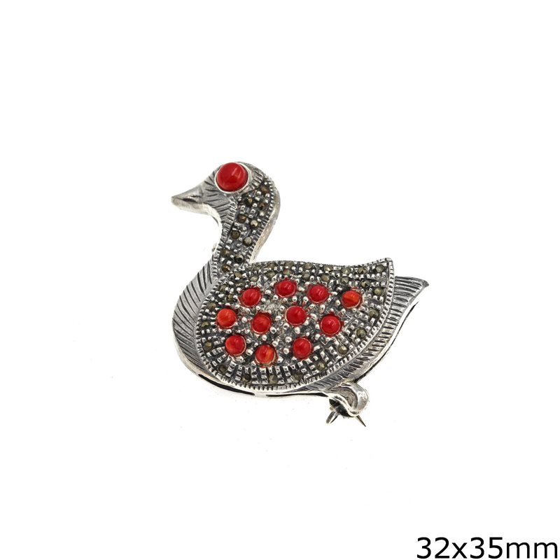 Silver 925 Brooch Duck with Garnet stones 32x35mm