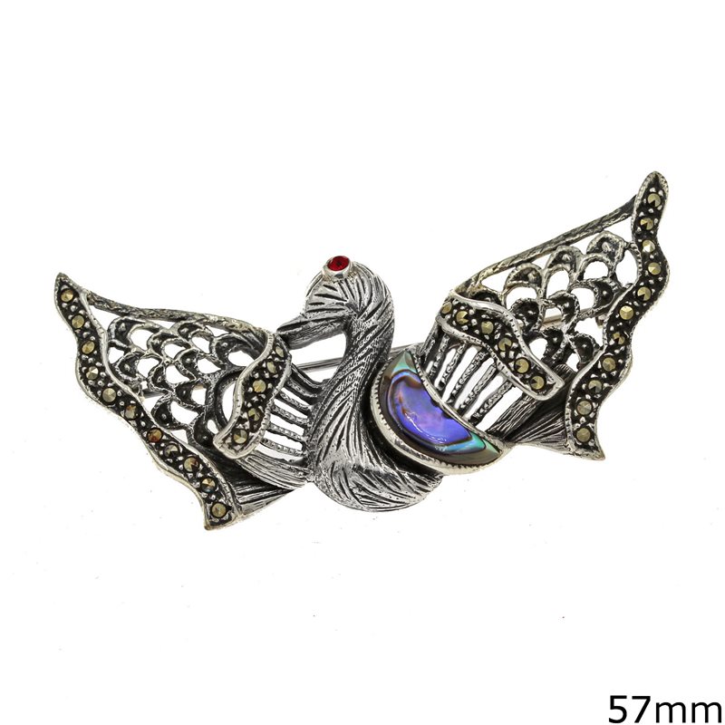 Silver 925 Brooch Swan with Marcasite 57mm