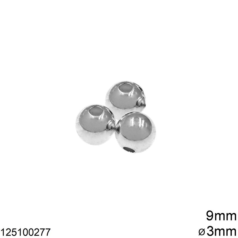 Silver 925 Round Bead 9mm with 3mm Hole Shine Finish