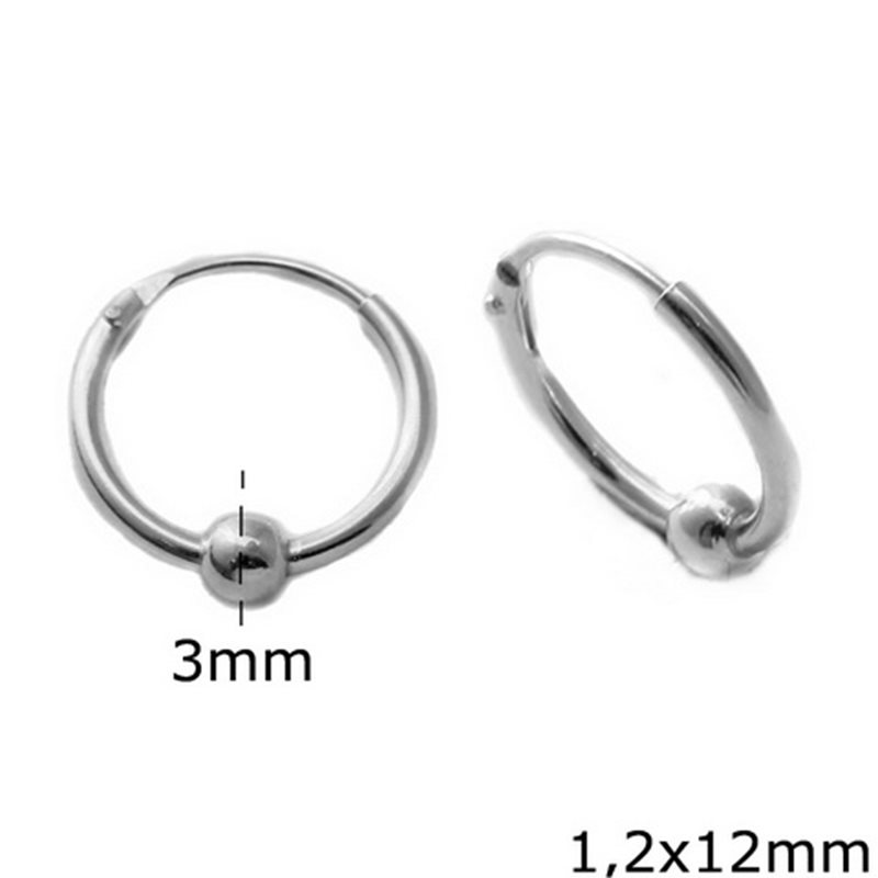 Silver 925 Hoop Earrings 1.2x12mm with Ball 3mm