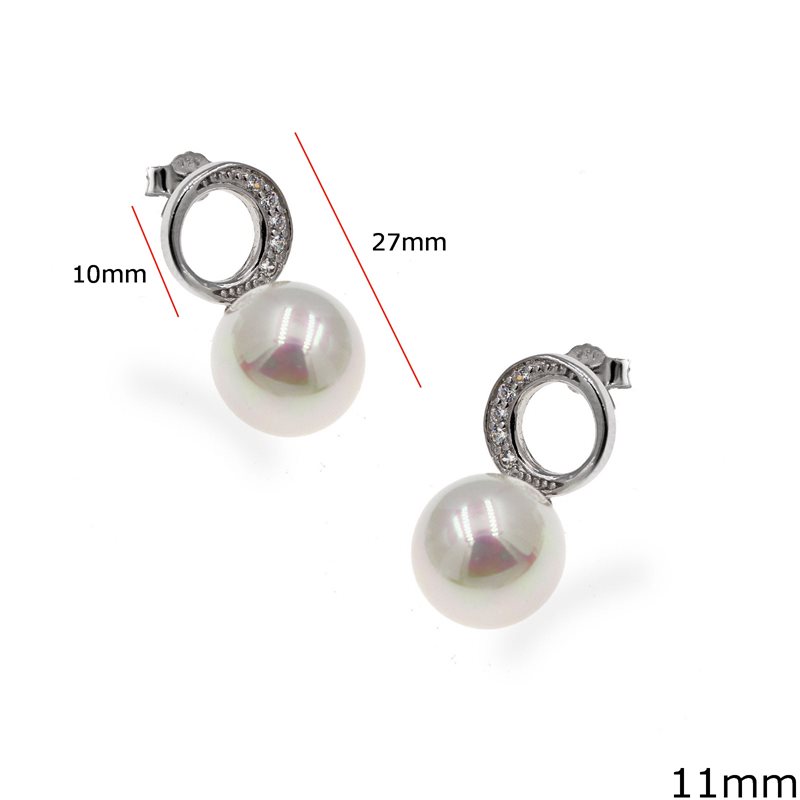 Silver 925 Earrings Freshwater Pearl 11mm & Zircon