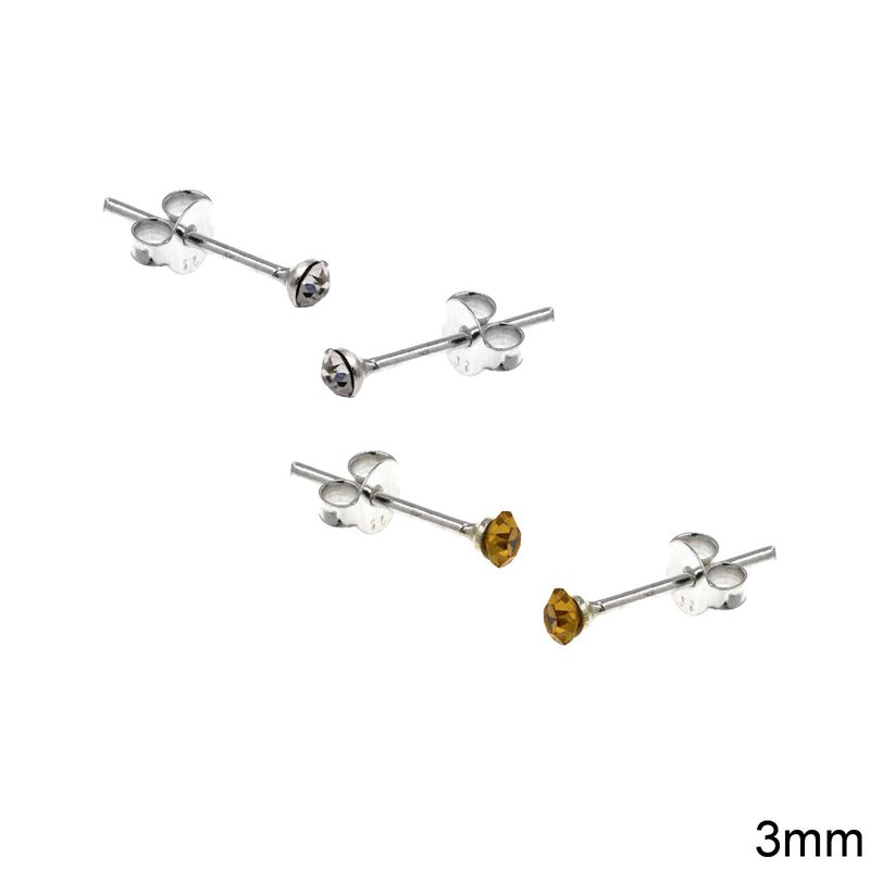 Silver 925 Stud Earrings with Rhinestones 3mm