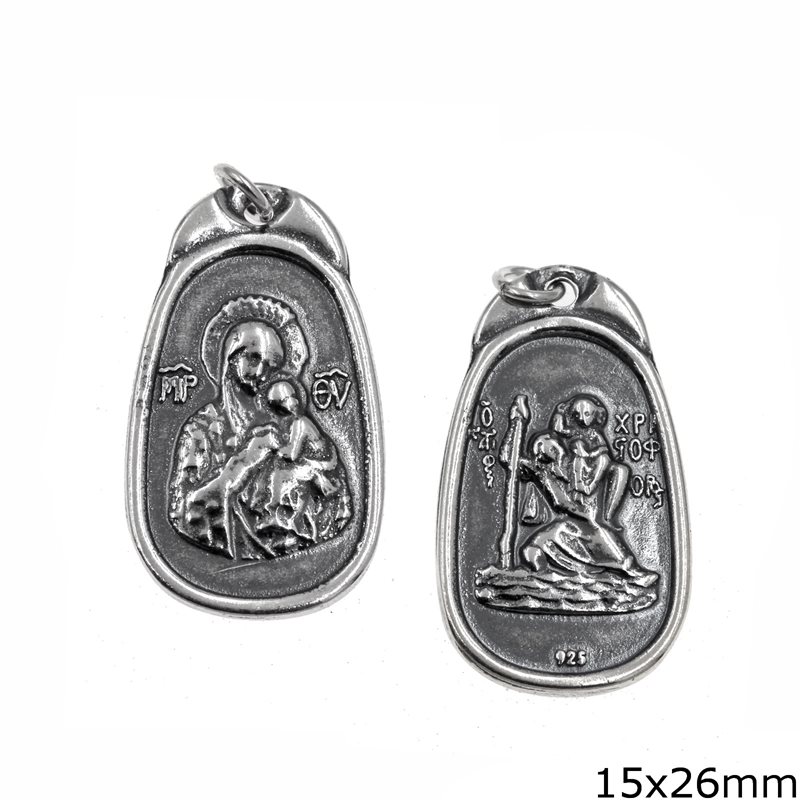 Silver 925 Double Sided Pendant Holy Mary 15x26mm