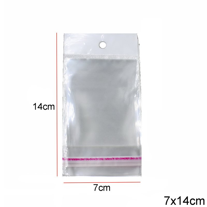Plastic Transparent Packing Bag with Hang Hole & Sticker 7x14cm 142pieces/100gr