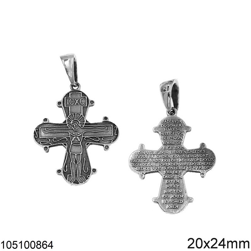 Silver 925 Pendant Double Cross with Jesus Christ and Pray 20x24mm, Oxidised