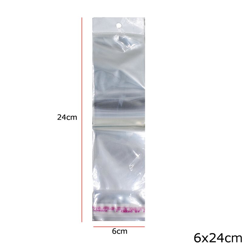 Plastic Transparent Packing Bag with Hang Hole & Sticker 6x24cm, 129pieces/100gr